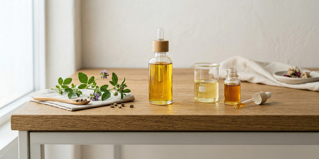 Two glass bottles with droppers on a wooden table with a light background.