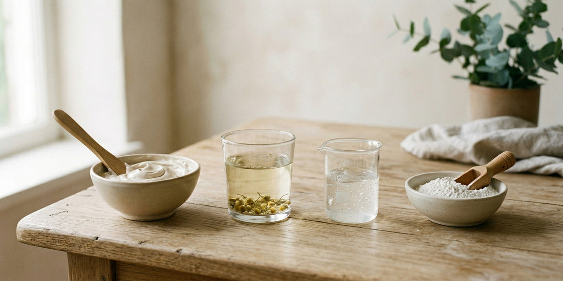 Two glasses of water with a wooden spoon and small bowls on a wooden table.