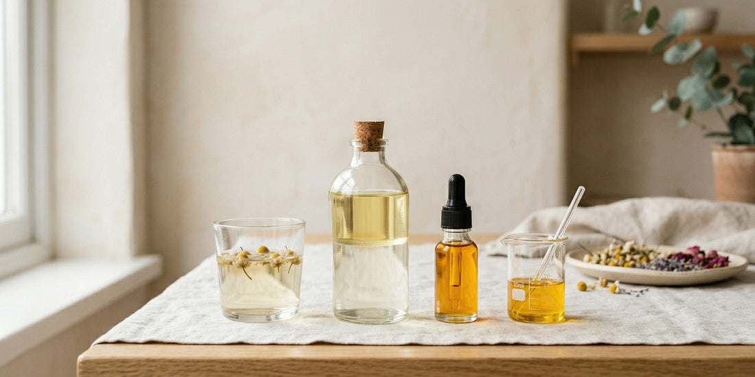 Bottles of oils and a dropper on a table with a neutral background.