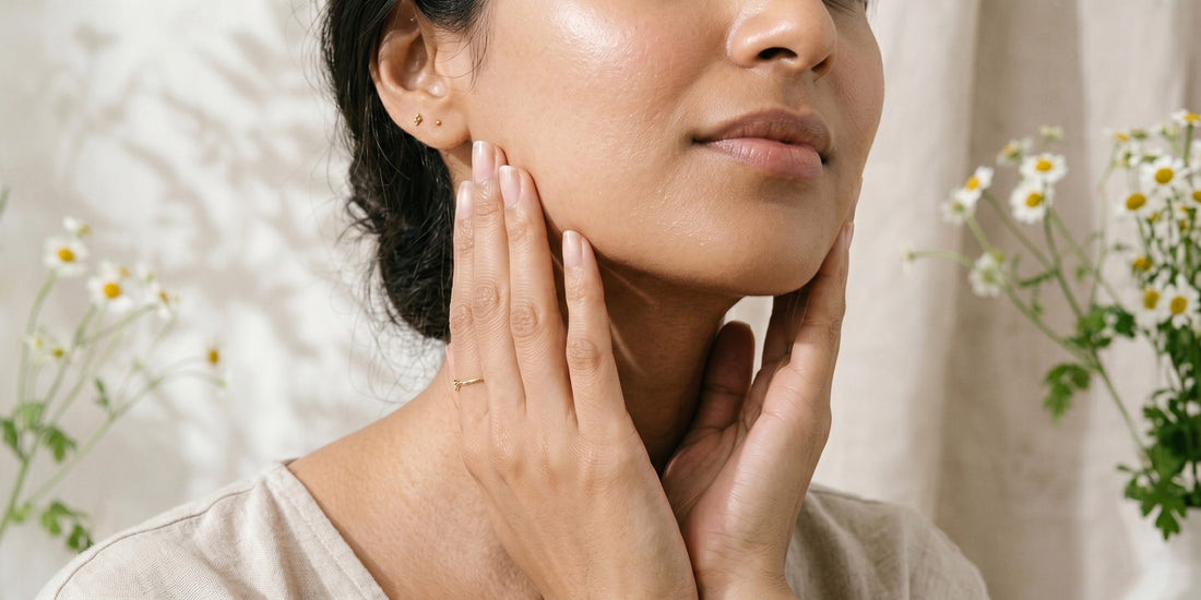 Woman touching her face with a natural background of flowers.