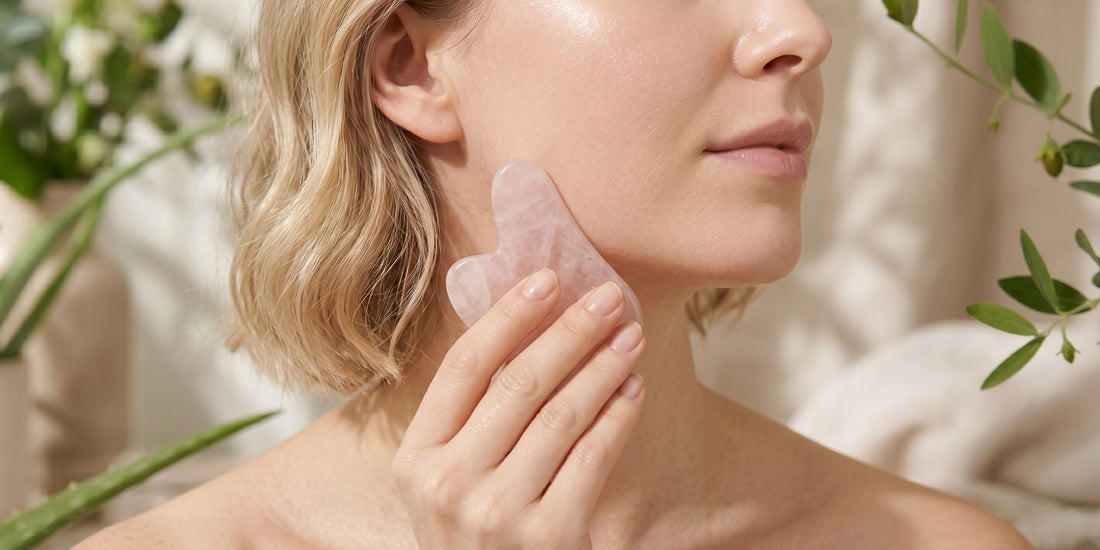 Woman using a pink gua sha tool on her neck with a natural background.