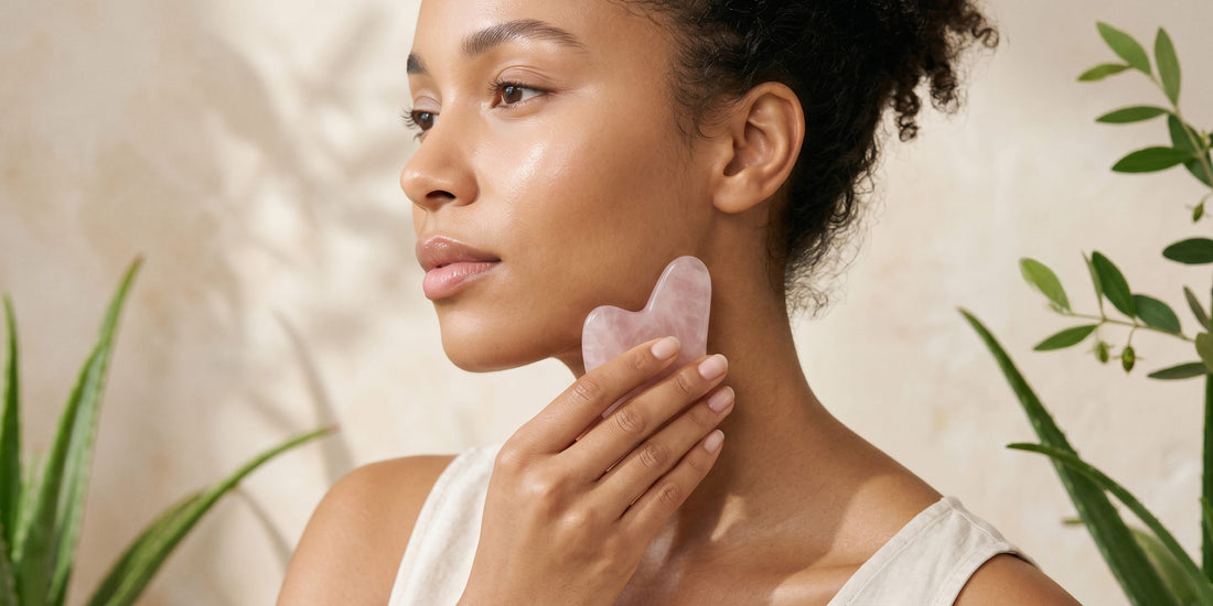 Woman using a pink gua sha tool on her neck with a natural background.