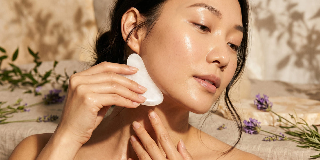 Woman using a gua sha on her face with a natural background.